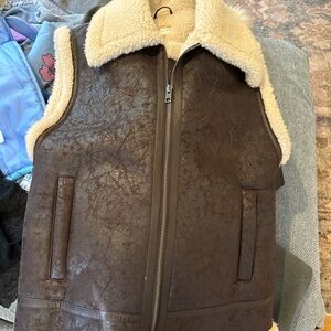 NWOT OFFLINE by Aerie Faux Shearling Aviator Vest Brown Sherpa Zip Front